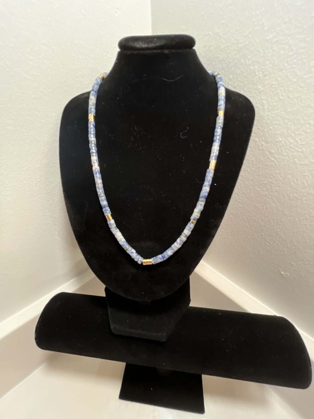 Blue Lapis  Beaded Necklace with Gold-Tone Spacers